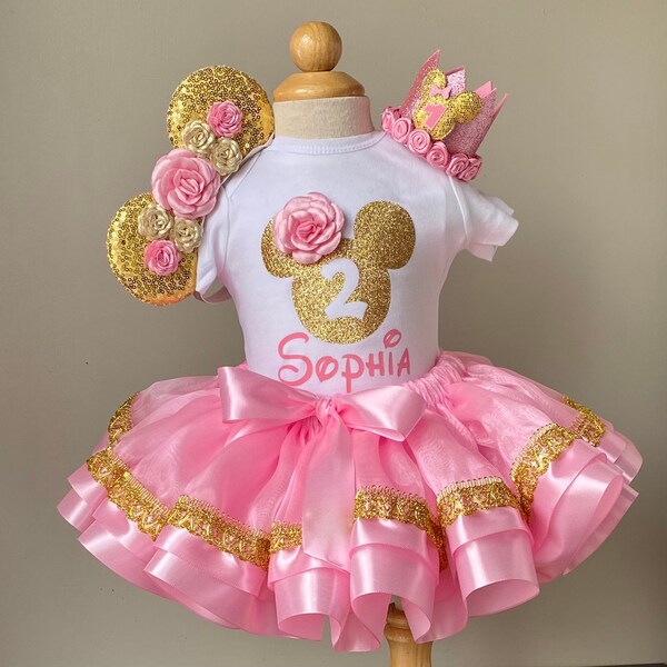 Pink and Gold Minnie Mouse birthday outfit: pink gold tutu, Minnie Mouse T-shirt, Minnie Mouse ears