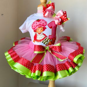 Strawberry Shortcake 1st Birthday Outfit – Pink Green Tutu Set with Polka Dot Ribbons & Big Hair Bow