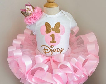 Déguisement d'anniversaire Minnie Mouse rose et doré pour bébé fille