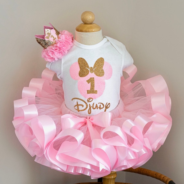 Pink and gold Minnie Mouse birthday outfit for baby girl