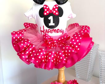 Minnie Mouse Birthday Outfit, Hot Pink Tutu, Headband, Shirt