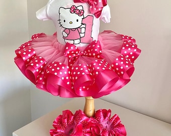 Conjunto de aniversário rosa Hello Kitty, conjunto de tutu para bebê menina, vestido para ensaio fotográfico de aniversário com bolo.
