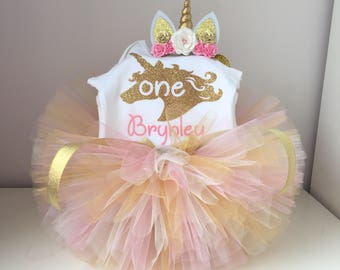 Unicorn birthday outfit . Pink and gold tutu, unicorn headband and bodysuit .