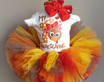 Thanksgiving outfit for baby girl: tutu, My first Thanksgiving bodysuit, bow headband.