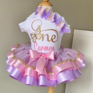 1st Birthday Girl Outfit – Personalized Butterfly Tutu Dress Set – Pink and Lavender Baby Birthday Tutu – Custom Name Bodysuit