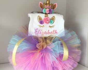 Unicorn birthday outfit , unicorn headband tutu and bodysuit