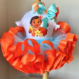 Vestito per il primo compleanno ispirato a Moana - Set tutù per neonata con nastri turchesi e corallo + grande fiocco