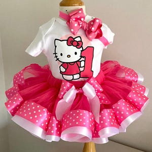 Conjunto de cumpleaños rosa fucsia de Hello Kitty, conjunto de tutú para bebé niña, vestido para sesión de fotos de cumpleaños con pastel