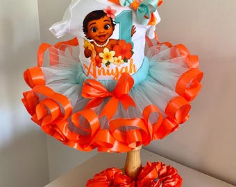 Moana First Birthday Outfit – Coral Tutu Set, Turquoise Bow