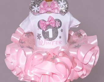 Różowy strój urodzinowy Myszki Minnie na zimę: tutu, opaska na głowę, koszulka