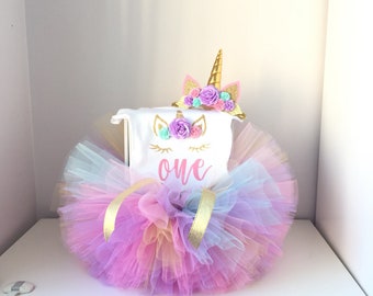 Unicorn birthday outfit , baby girl birthday outfit , unicorn headband tutu and bodysuit