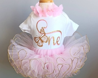 Butterfly Birthday Outfit, Pink and Gold Tutu, Headband, Bodysuit (3 Piece Set)