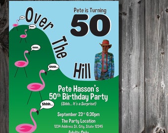 Over The Hill Pink Flamingo Birthday Invitation for 50th or 40th Birthday Party or Surprise Party