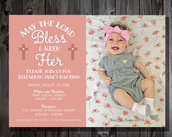 Personalized Baptism Invitations for Baby Girl, May the Lord Bless and Keep Her