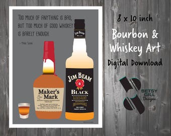 Bourbon and Whiskey Art of Maker's Mark and Jim Beam, Print for Bar or Man Cave