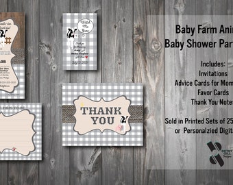Baby Farm Animals Baby Shower Party Pack with Favor Cards, Advice Cards, Thank Yous and Invites