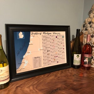 Affiche de carte des vignobles du sud-ouest du Michigan pour bar, vignoble, homme des cavernes, hangar ou cadeau pour buveur de vin