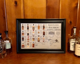Kentucky Bourbon Print, Distilleries Map Poster for Man Cave or Bar, Gift for Bourbon or Whiskey Drinkers