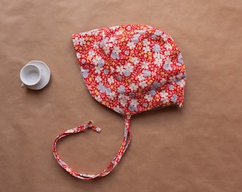 Girls Reversible Floral Sunbonnet, 0-4 years, vintage style girls sun bonnet, newborn to 4 years sizing, red and blue floral and spot bonnet