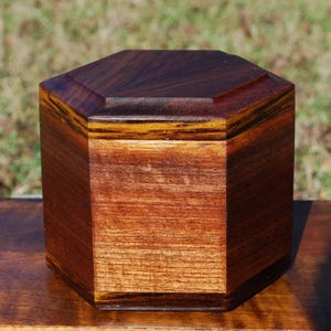 Dog (up to 100 pounds) Hexagon Urn/Urn Set-Bottom Loading-Handcrafted from Black Walnut and Wenge-FREE Optional Basic Custom Laser Engraving