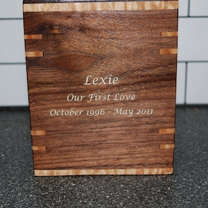 SOLD(SR)-Custom Pet Urn-up to 70 pounds-Bottom Load-Walnut, Tiger Maple and Wenge Accents-FREE Basic Custom Laser Engraving-updated 5/29/22