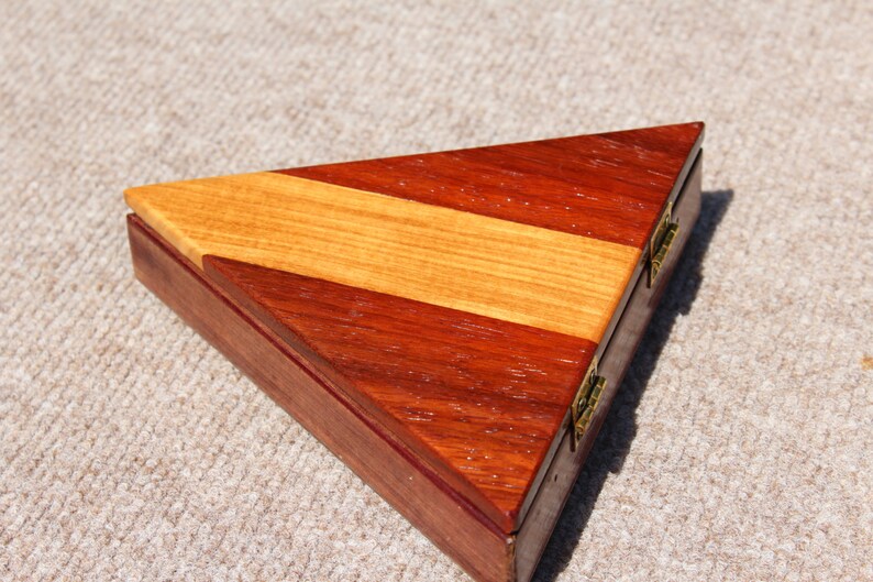 Triangular JewelryKeepsakeStash Box handcrafted from exotic Purpleheart and Birch...2 available