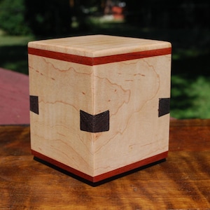 FLASH SALE-Dog (up to 20 pounds) Urn-Bottom Loading-Handcrafted-Tiger Maple, Padauk and Wenge Dovetail Splines-FREE Basic Laser Engraving