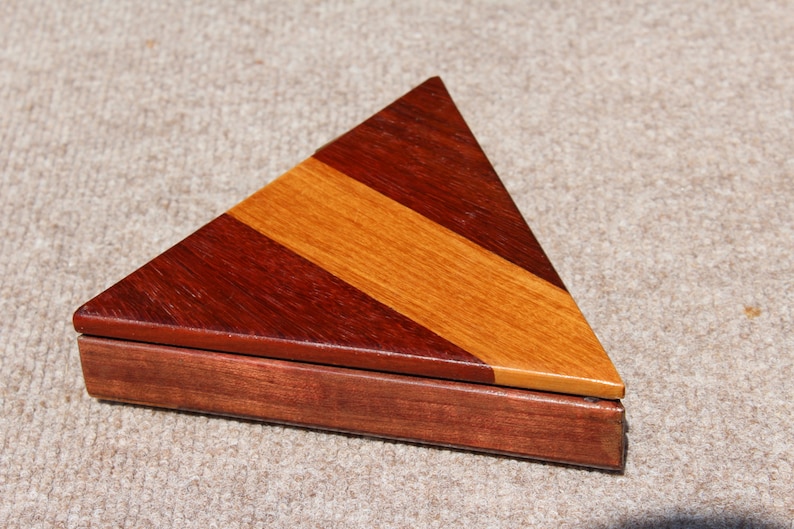 Triangular JewelryKeepsakeStash Box handcrafted from exotic Purpleheart and Birch...2 available