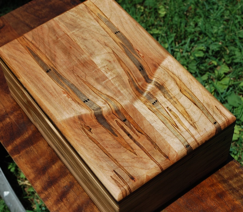 KeepsakeStash Box midsize -Handcrafted from Ambrosia Maple and Wenge Accents with Brass Barrel Hinges-FREE Basic Custom Laser Engraving