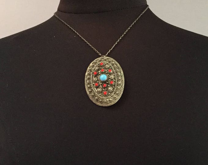 ethnic etruscan moroccan brooch/necklace on silver chain