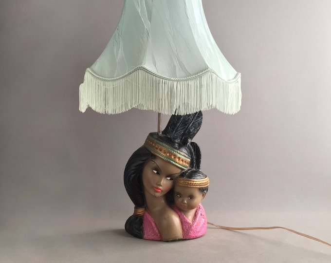 1960 Plaster Lamp Base and fringed lampshade