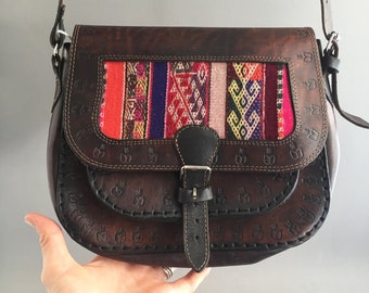Leather and textile satchel bag