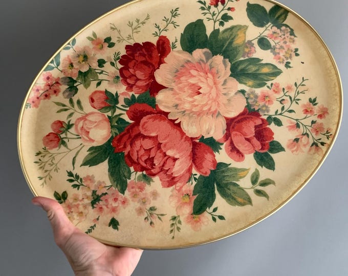 Vintage Keswick oval fibreglass tray in a floral design of roses and peonies, large oval tray