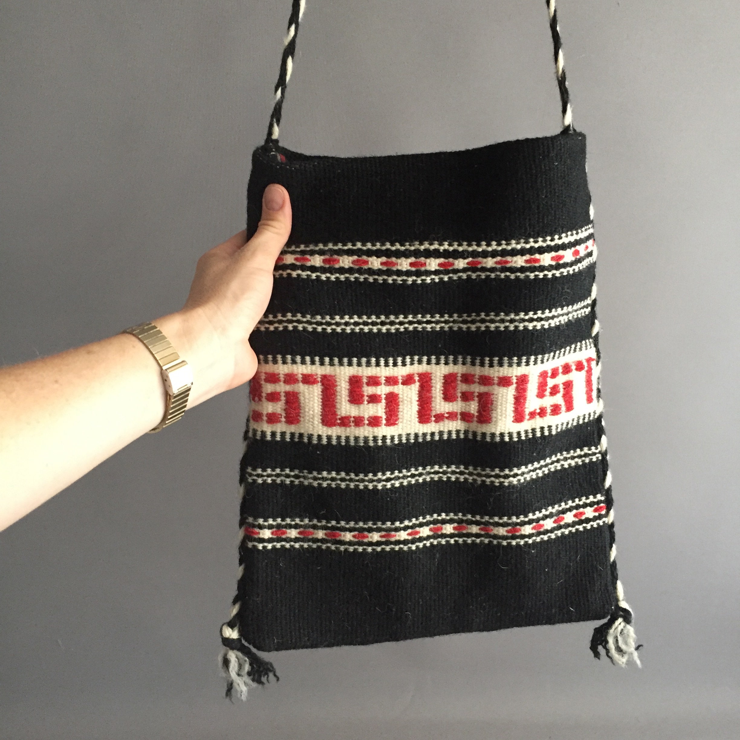 woven wool cross body greek bag