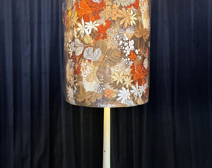 turned wood floor light standard lamp with 70s drum shade