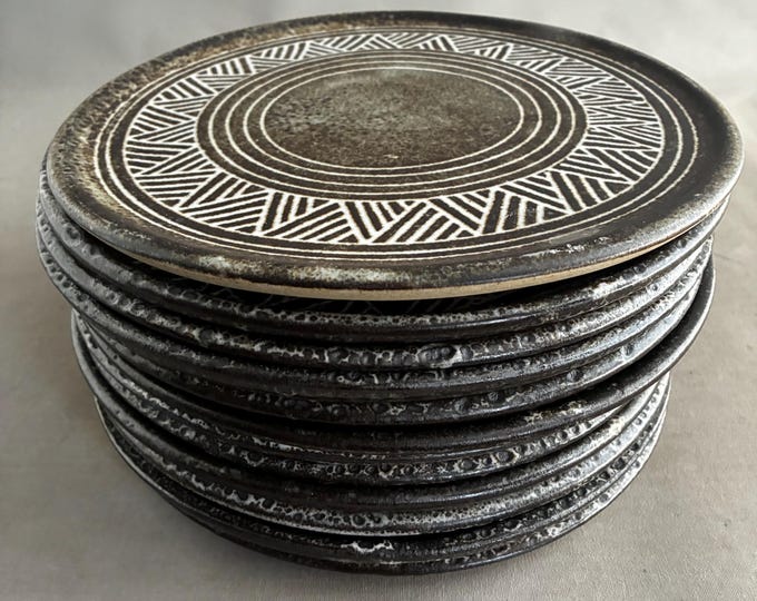 studio pottery sgraffito technique Dinner plates