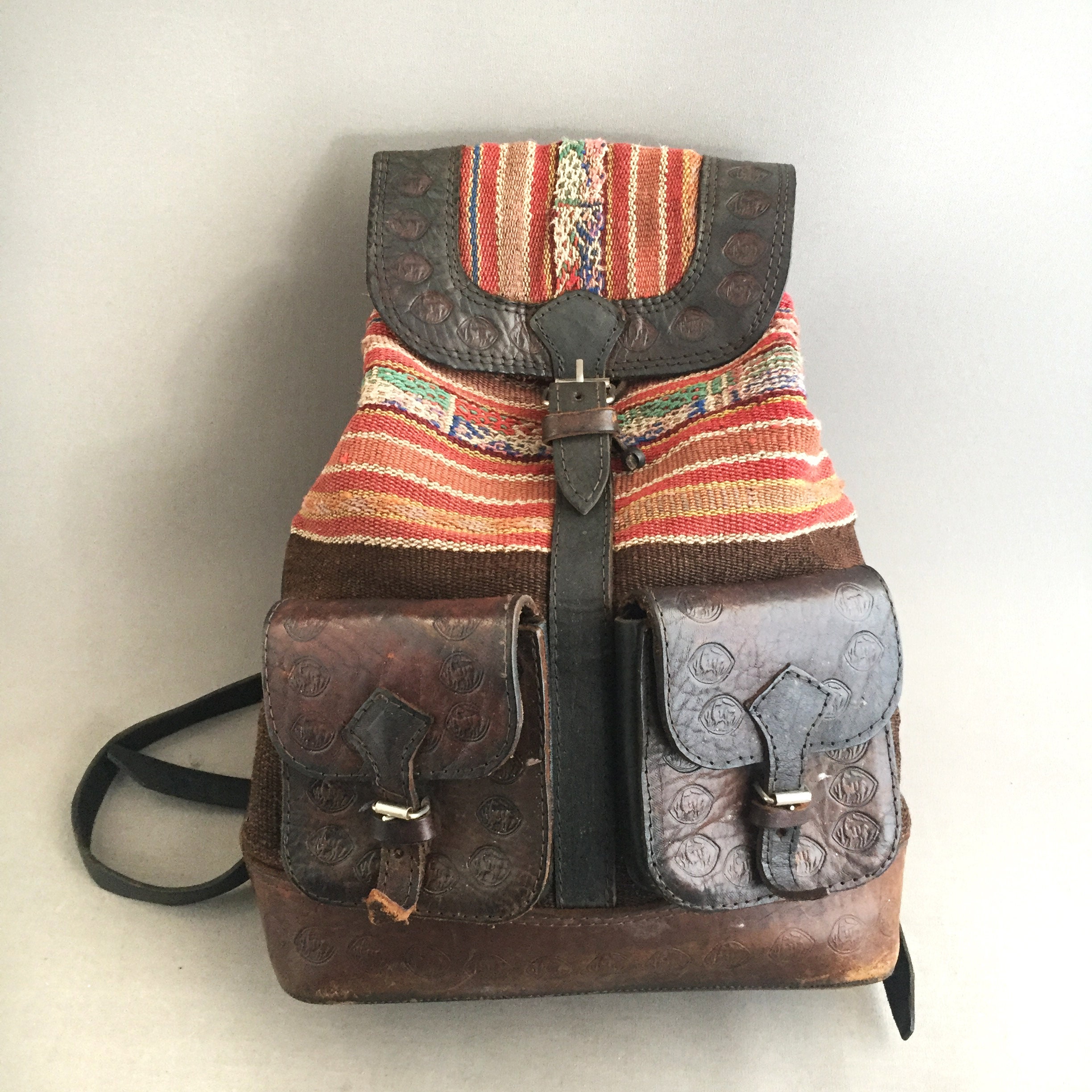 Leather and textile moroccan rug sack back pack