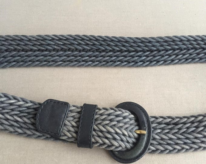 Woven Cotton Belt with Leather Trim and Buckle – Faded Blue Braided Style