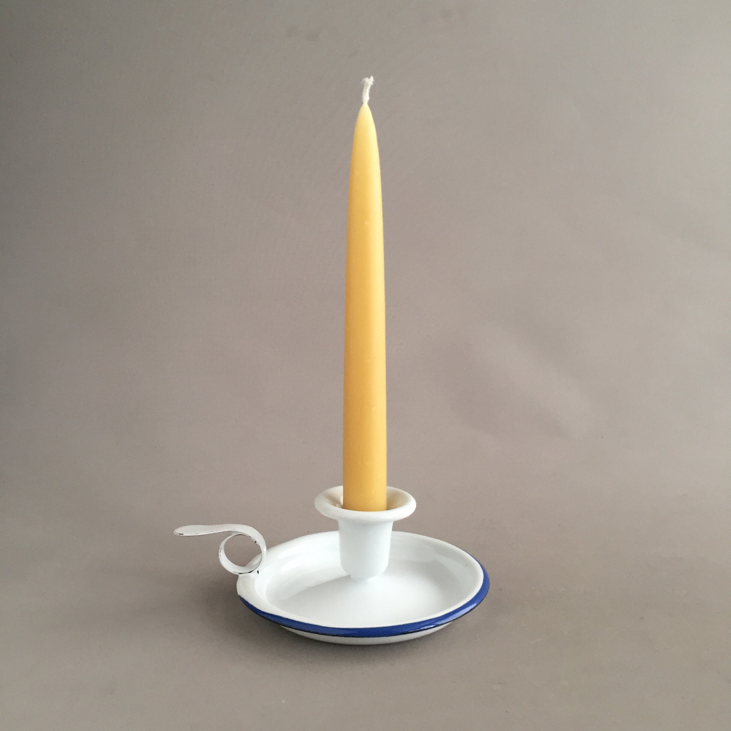 enamel candle stick holder white with blue rim
