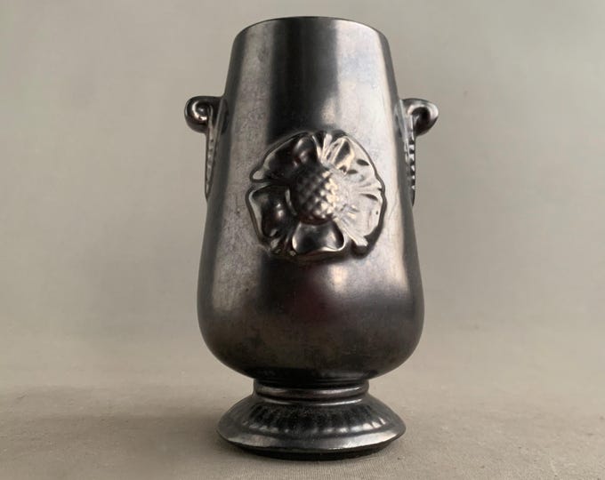 Prinknash Lustre Pewter Effect Vase/Urn with Rose Motif - Made in England