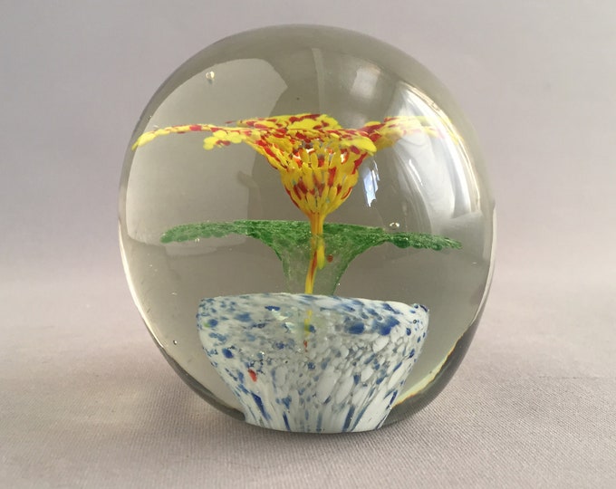 Murano glass bauble paper weight with pot plant flower inside