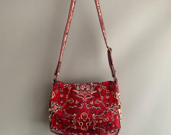 carpet handbag with leather trim