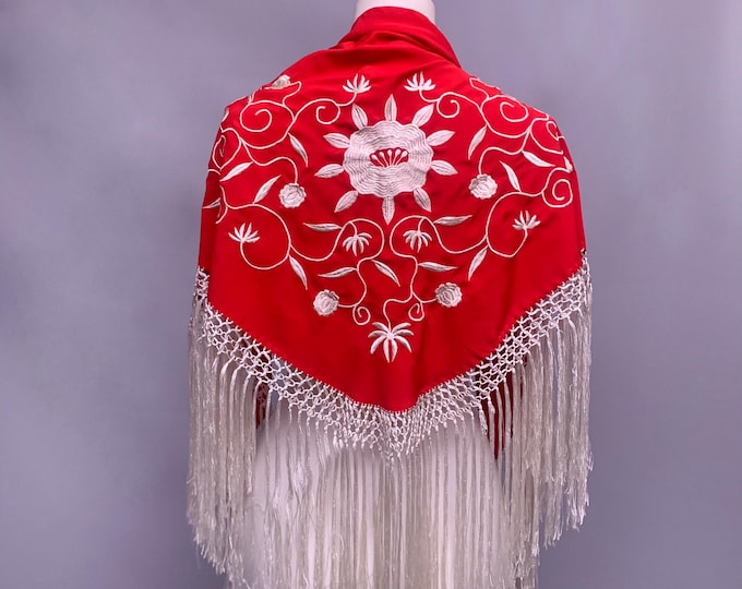 red satin embroided piano shawl