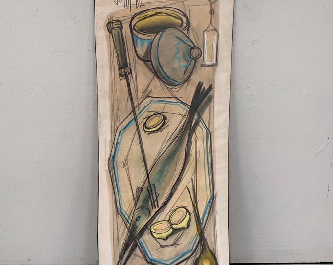 Original 1960s charcoal and water colour painting mixed media