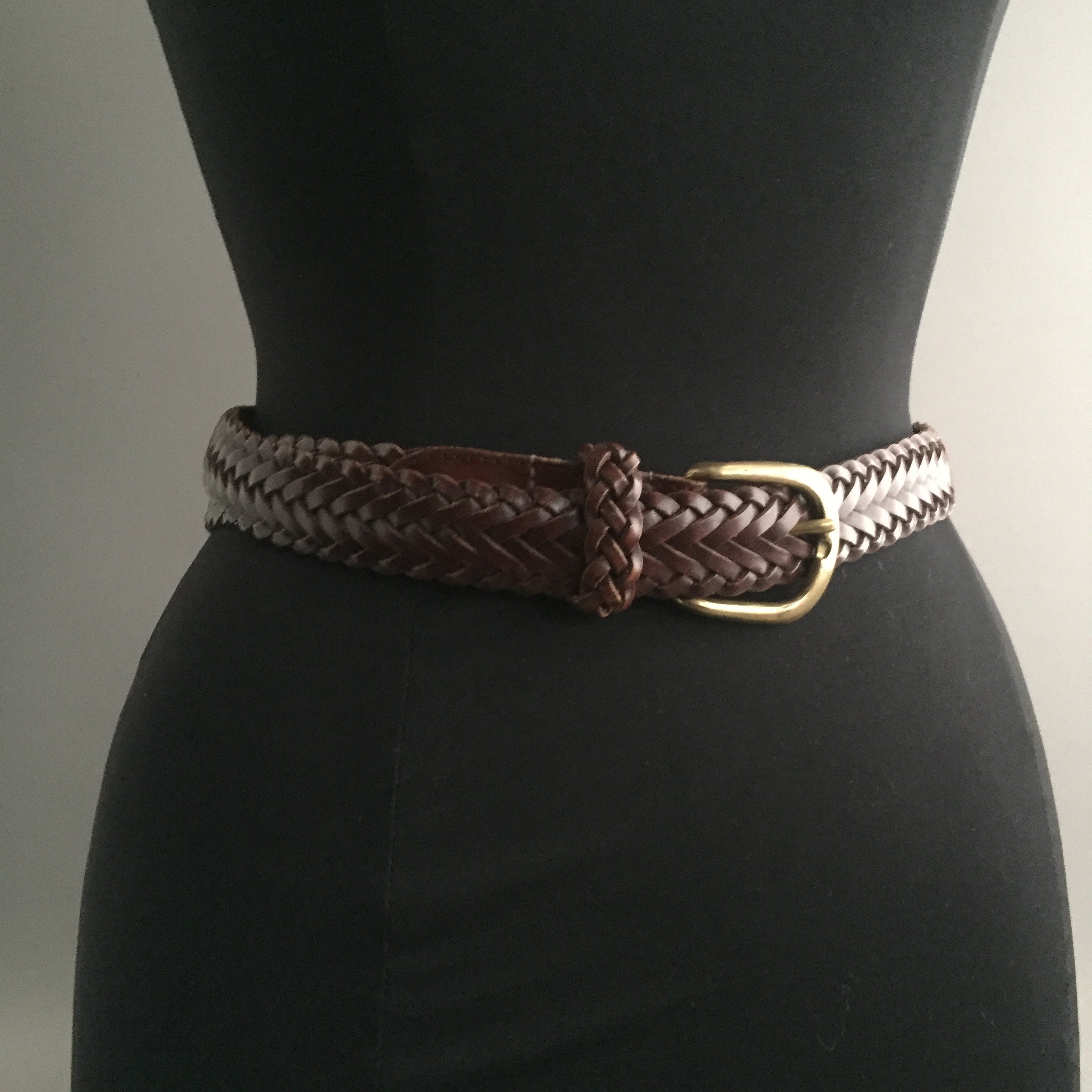 woven leather belt with brass buckle