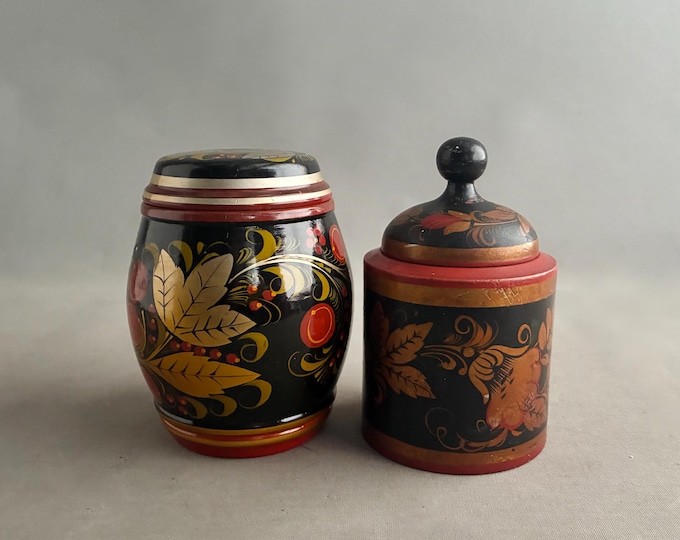 Hand-painted Khokhloma Russian wooden keepsake box/ jars folk art.