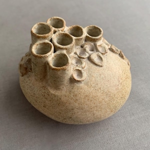 Könnte beinhalten: Eine beige Keramikvase mit strukturierter Oberfläche. Die Vase hat mehrere zylindrische Öffnungen an der Oberseite und blattartige Akzente. Die handgefertigte Keramik hat eine rustikale, organische Ästhetik.