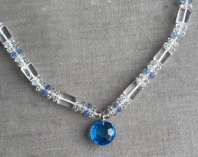 Vintage Czech Blue crystal and clear beads faceted necklace
