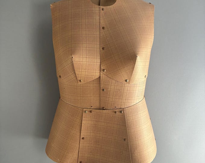 Vintage dress form mannequin paper with plaid design sewing mannequin counter display