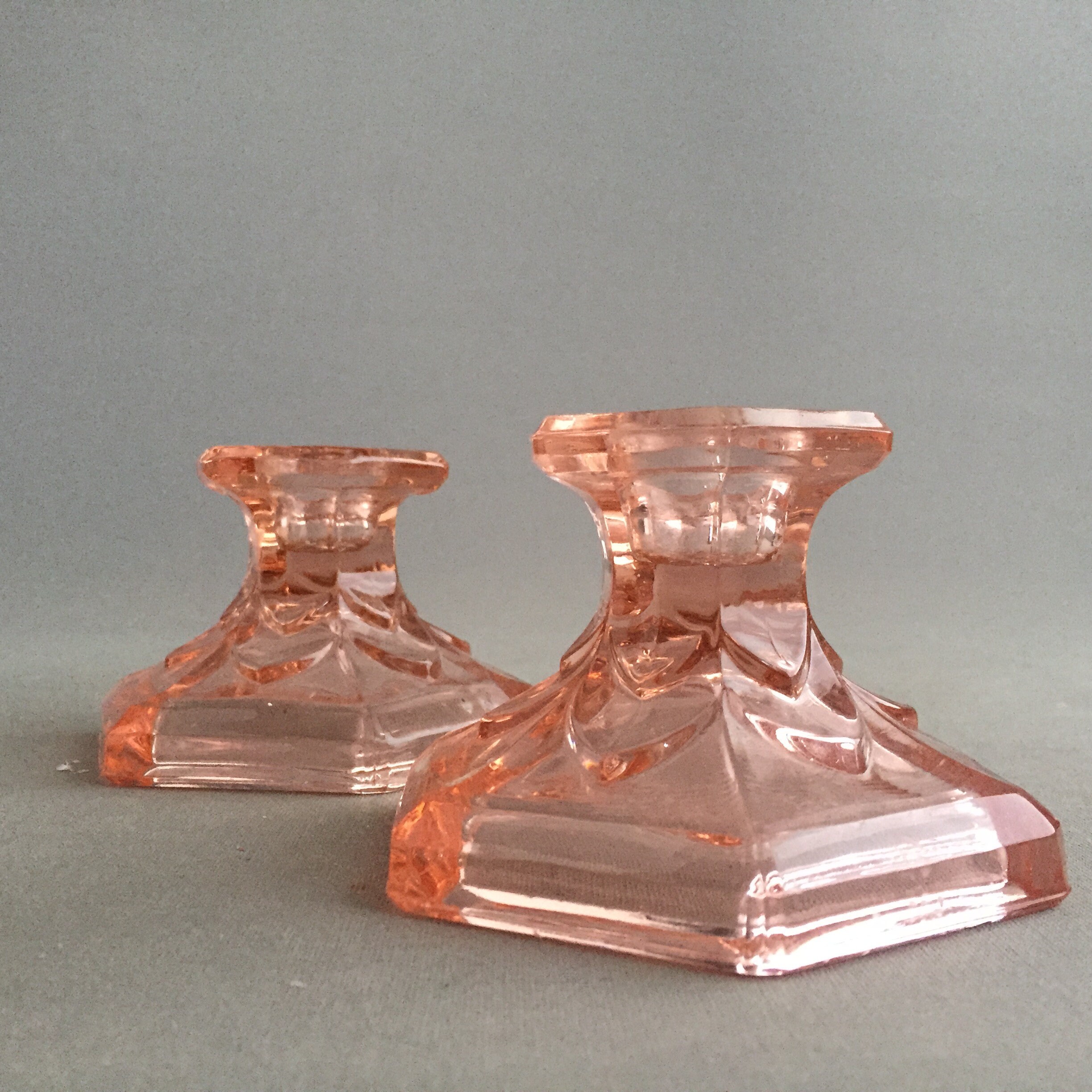 deco pressed glass candle stick holders short version